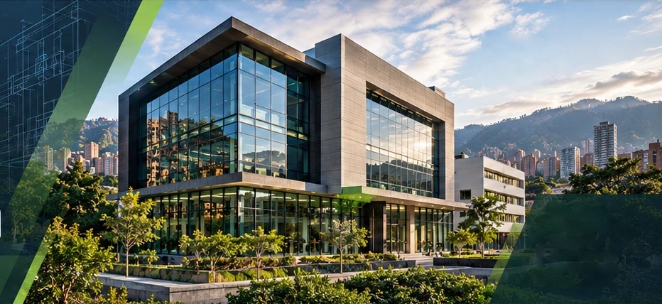 Edificio corporativo moderno en Medellín con montañas al fondo